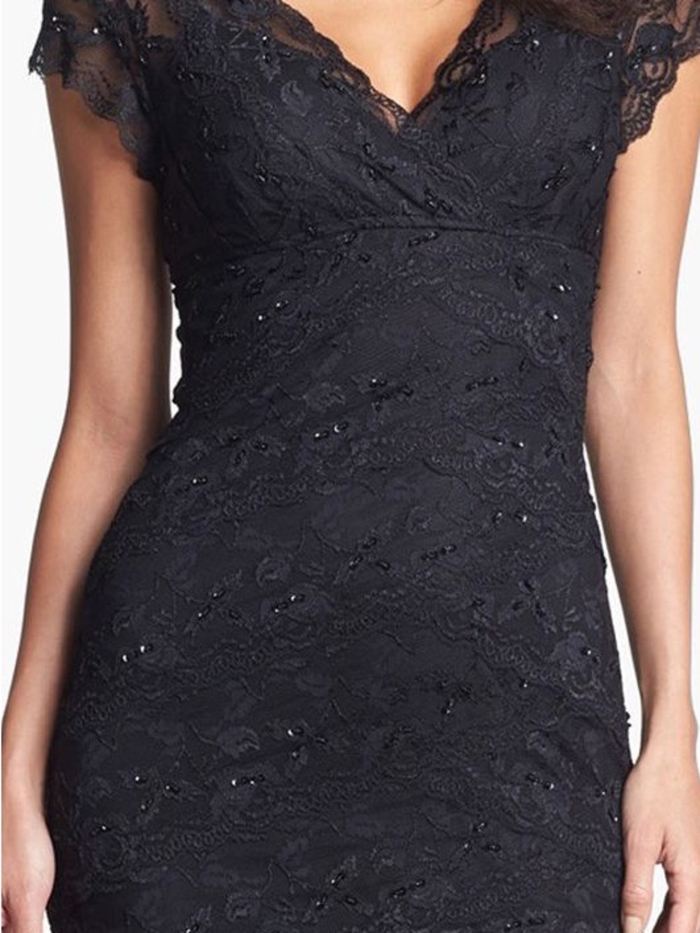 MARINA Black Lace Beaded V-Neck Dress